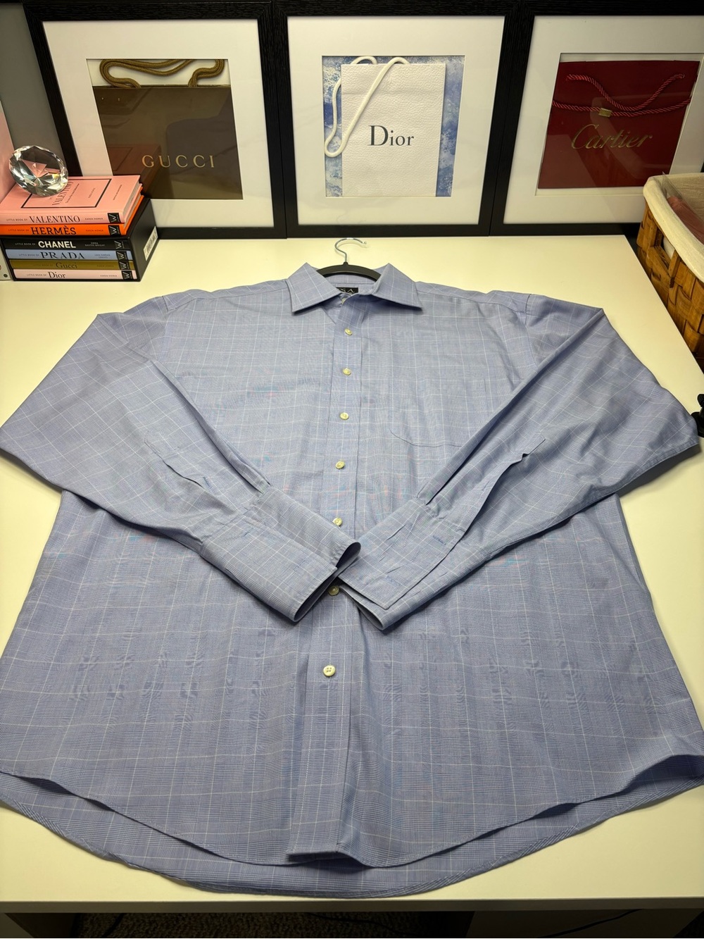 Jos. A. Bank Light Blue Micro Windowpane Vintage Dress Shirt Sz 16-35 EUC 🔥🔥🔥